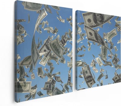 Artaza Canvas Schilderij Tweeluik Dollarbiljetten in de Lucht - Geld - 120x80 - Foto Op Canvas - Canvas Print