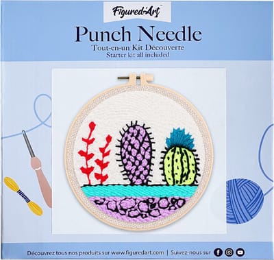 Figured'Art Punch Needle Kit voor Volwassenen en Kinderen - Kleurrijke Cactussen bij een Witte Muur - Perfect voor Beginners. Compleet klaar-om-te-borduren set, maat 20x20 cm met ronde frame