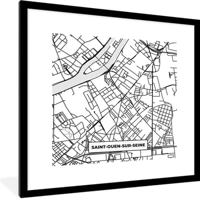 Fotolijst incl. Poster Zwart Wit- Kaart - Stadskaart - Saint-Ouen-sur-Seine - Frankrijk - Plattegrond - Zwart wit - 40x40 cm - Posterlijst