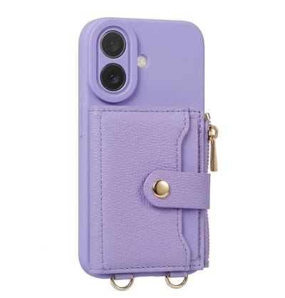 Paars telefoon hoesje met portemonnee en rits geschikt voor iPhone 16– kunstleer beschermende wallet case voor dames en heren met pasjeshouder, druksluiting, draagkoord bevestiging en standaard functie