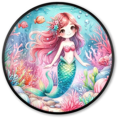 Poster in lijst Rond - Fotolijst 60x60 cm - Posters - Zeemeermin - Kleurrijk - Onderwater - Zeedieren - Vissen - Ronde posterlijst zwart - Decoratie - Wanddecoratie woonkamer - Muurdecoratie slaapkamer