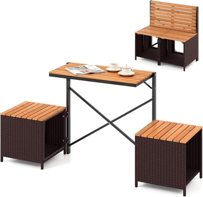 COSTWAY 2-in-1 tuinbank, converteerbare picknicktafel en zitbank (bruin) | Balkonset, balkonmeubels, klein balkon, zitgroep, zitset voor tuin, terras