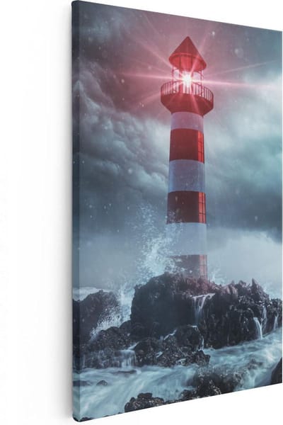 Artaza Canvas Schilderij Zeezicht - 20x30 cm - Klein - Muurdecoratie Vuurtoren - Wanddecoratie Storm - Kamer Accessoires