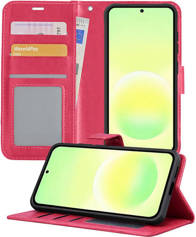 Hoesje - Met Pasjeshouder - Geschikt voor Samsung Galaxy A57 - Luxe Bookcase Portemonee - Flip Case - Kunstleer Book Case - Flipcase - Book Cover - Walletcase - Portemonneehoes - Telefoonhoesjes - Donkerroze