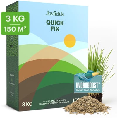 Joyfields Quick Fix - Gazonherstel graszaad - 3 kg voor 150 m² - Kale plekken herstellen - Razendsnelle vestiging - Kiemt al vanaf 6°C - Voorkomt onkruid - Met Hydroboost-coating