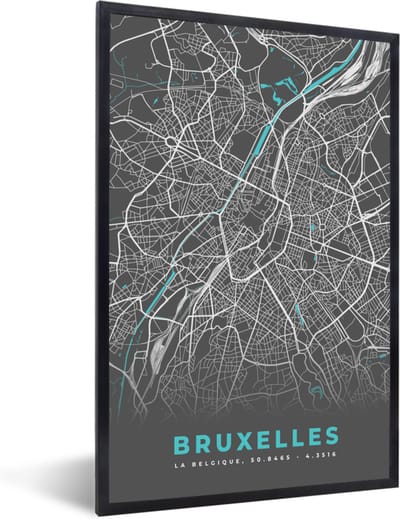 Fotolijst incl. Poster - Kaart – Plattegrond – Stadskaart – Bruxelles – België - Grijs - 40x60 cm - Posterlijst