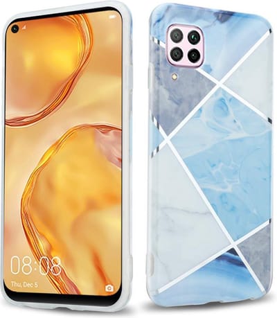 Cadorabo Hoesje geschikt voor Huawei NOVA 6 SE / P40 LITE / NOVA 7i in Blauw Wit Grijs Marmer No. 2 - Beschermhoes gemaakt van TPU siliconen Case Cover met mozaïek motief