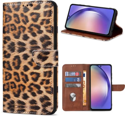 Multimedia & Accessoires Lederen Book Case Hoesje geschikt voor Samsung Galaxy A55 5G – Luipaard – Bruin -Telefoonhoesje – Met Stand – Kaarthouder – Pasjes Houder – Magneet Sluiting – Bookcase