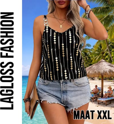 LaGloss® Luxe Zwart Gouden Tanktop Blouse met Geometrische Print en Goud Metalen Kettingbandjes – Lente/Zomer/Herfst – Casual – Maat XXL