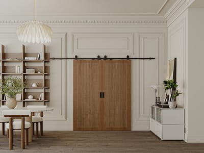 Vente-unique Zwevende dubbele schuifdeur in hout en MDF met opbouwsysteem - donker naturel - 2 x H205 x L83 cm - SANDORA