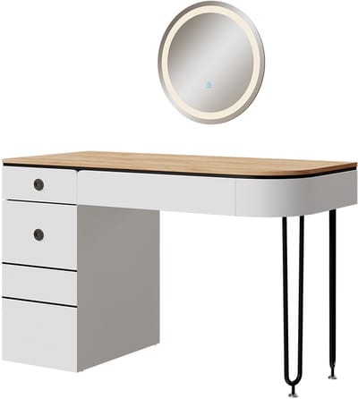 Vicco Mia Kaptafel – 120 cm met LED-spiegel Wit/Natuurlijk hout