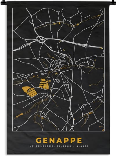 Wandkleed - Wanddoek - Genappe - Plattegrond - Goud - Kaart - Stadskaart - 120x180 cm - Wandtapijt