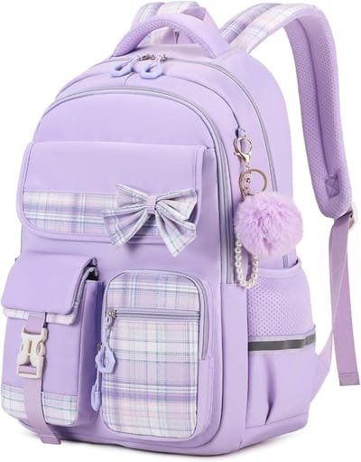 Schoolrugzak meisjes kinderrugzak, waterdichte rugzak tiener dagrugzak, Kawaii ruitenschooltas voor meisjes van 9-16 jaar met trolleyband