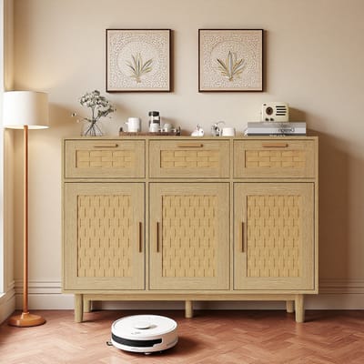 Dressoir Kast met 3 Lades en 2 Deuren – Opbergkast in Eikenlook Hout voor Eetkamer of Woonkamer – Ladekast / Buffetkast 115x40x80 cm
