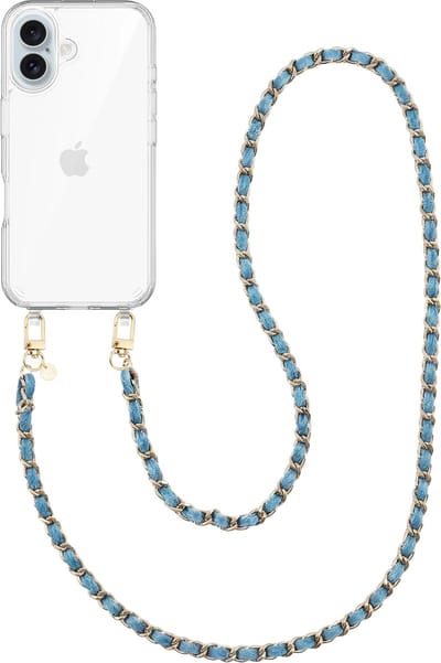 xoxo Wildhearts siliconen hoesje geschikt voor iPhone 17 - Classic Chain - Denim (lang koord) - Telefoonhoesje - Hoesje met koord - Schakelketting - Lang telefoonkoord - Denim blauw met goud - Transparant hoesje