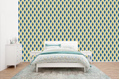 Behang - Fotobehang Design - Patroon - Retro - Geel - Blauw - Breedte 400 cm x hoogte 240 cm