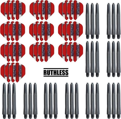 Darts Set - 10 Sets Ruthless Flights – dart flights – Rood – plus 10 sets Dragon – dart shafts – medium