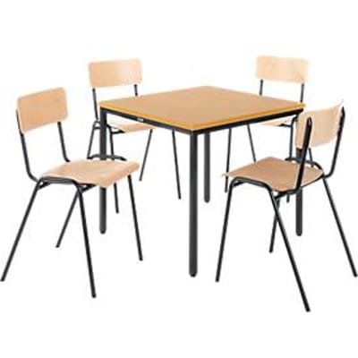 Tafel met stalen buizen met 4 stapelstoelen, onderstel zwart