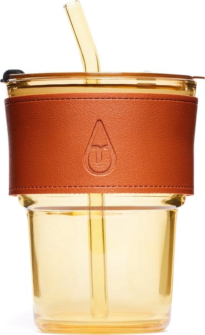 Motivai Glazen Drinkbekers met Deksel, Rietje & Leren Band – 400ML – Stijlvolle Tumbler voor Koffie, Smoothie & Cocktail – Bruin