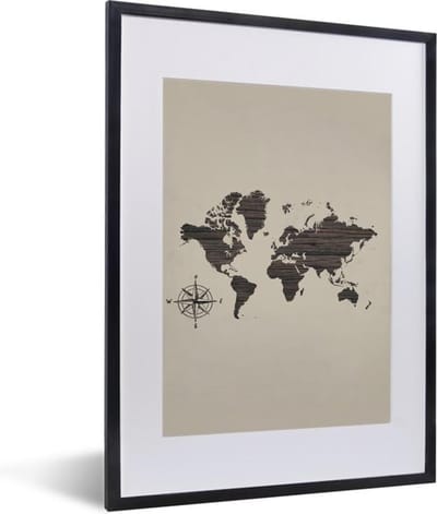 Poster in lijst - Fotolijst 30x40 cm - Posters - Wereldkaart - Hout - Kompas - Posterlijst zwart - Decoratie - Wanddecoratie woonkamer - Muurdecoratie slaapkamer