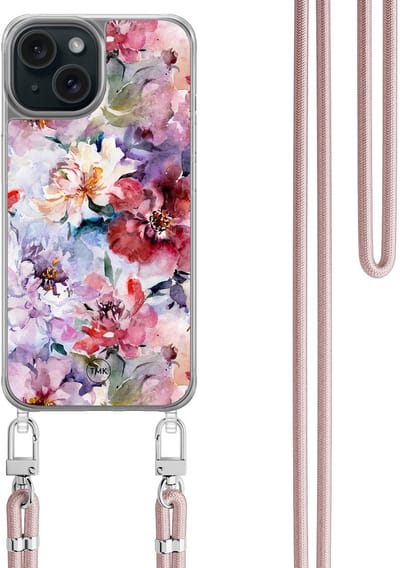Casevibes - Telefoonhoesje met koord - Geschikt voor Apple iPhone 15 - Bloemen acryl - Rood - Bloemen