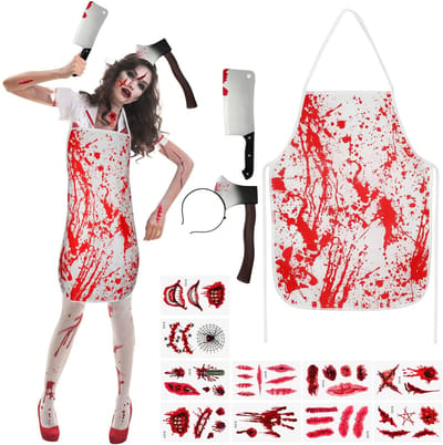 Dailygoody - Slagerkostuum - Halloweenkostuum voor dames en heren - Griezelig en uniek - Bloedige schort en accessoires - Perfect voor feesten - Gesch...
