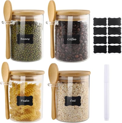 voorraadpotten met deksel en lepel, set van 4 glazen potten van 500 ml voor overnight oats, glazen bewaarpotten voor de opslag van droge waren, kruiden, thee, noten, zaden, pasta, meel