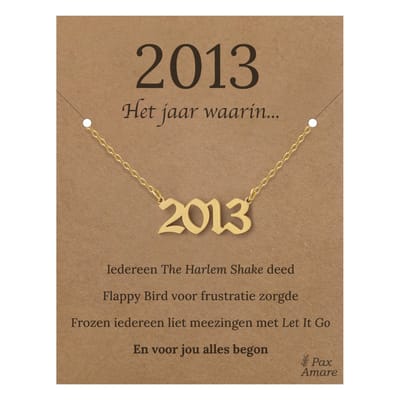 Jaartal 2013 Ketting op Cadeau Kaartje - Goudkleurig Stainless Steel - 45cm - Met informatie over geboortejaar - Pax Amare