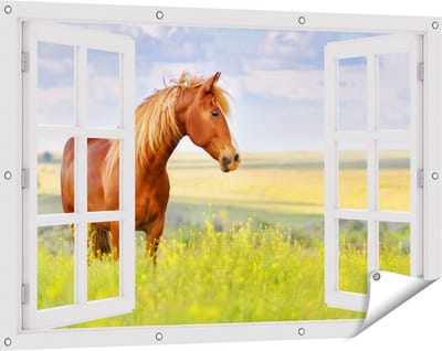 Gards Tuinposter Doorkijk Bruin Paard in de Wei - 120x80 cm - Tuindoek - Tuindecoratie - Wanddecoratie buiten - Tuinschilderij