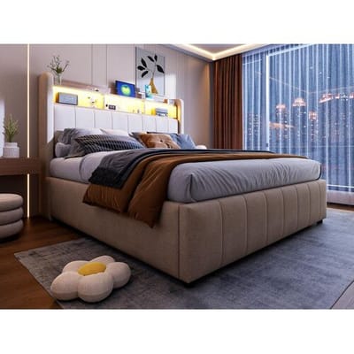 ModernLuxe Linnen gestoffeerd opbergbed 140x200cm - met LED + stopcontacten - Beige