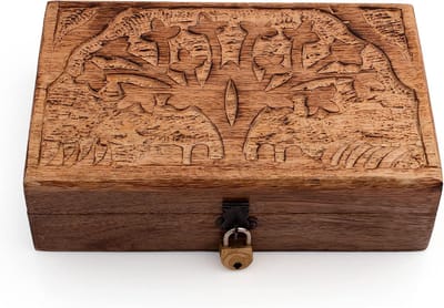 Handgemaakte Houten Sieradendoos met Levensboom Carving - Decoratieve Opbergkist voor Herinneringen en Cadeau