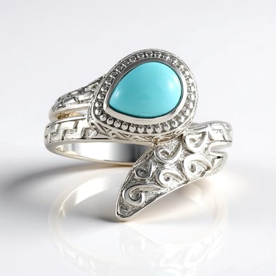 Cavill - Zilveren Ring 925 Sterling Zilver Platina Gecoat - 1,125 ct Sleeping Beauty Turkoois Peervormige Cabochon - Filigraan Modern Elegant Sieraad