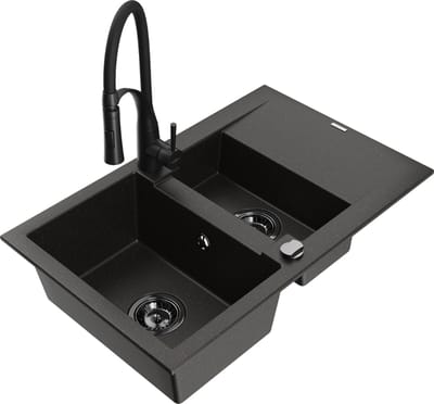 Mexen Gaspar granieten gootsteen 1,5-komers met afdruiprek en keukenkraan Aster, zwart/goud metallic - 6507-75-73450-70-B