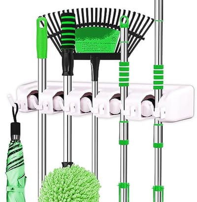 Wandhouder voor Bezem en Mop - Tuingereedschap Organizer met 5 Posities en 6 Haken - Ideaal voor Garage en Huis