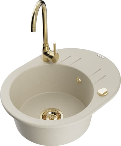 Mexen Kevin granieten spoelbak 1-komorig met afdruiprek en keukenmengkraan Telma, beige - 6517-69-670200-50