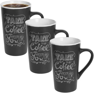 Secret de Gourmet hoge koffie mok / beker met oor - 3x - zwart - keramiek - 500 ml - koffie print - servies - warme dranken