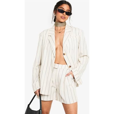 boohoo Dames Op maat gemaakte linnen-look gestreepte shorts | Stone | Maat: 8