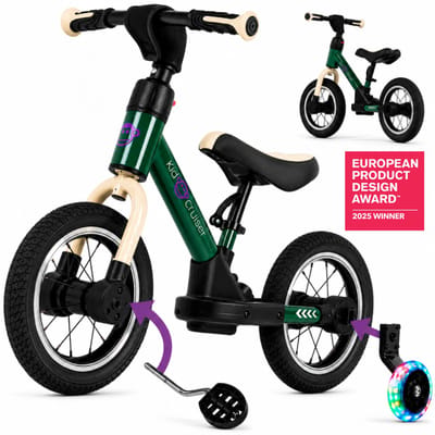 Kidcruiser Loopfiets 2+ jaar - Optioneel met LED Zijwieltjes & Trappers - 3-in-1 Kinderfiets - 12 inch – Donker Groen – Peuterfiets 3 jaar