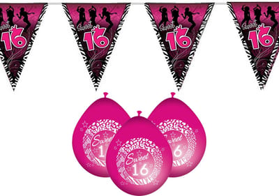 Funny Fashion - Sweet 16 versiering pakket vlaggetjes/ballonnen roze