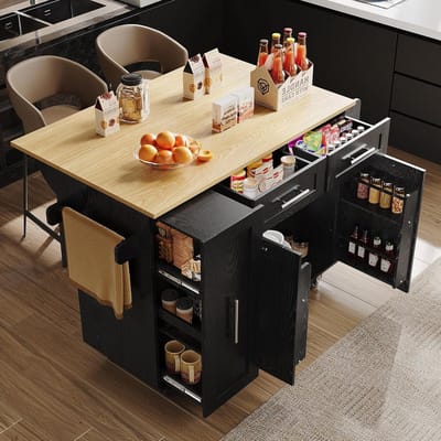 Keukeneiland met Rekkast en Inklapbaar Werkblad: Mobiele Keukentrolley met Snackplanken, Vergrendelwielen en Uittrekbare Eettafel 110 x 46 cm (74) x 90,5 cm