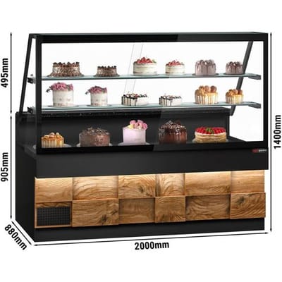 GGM Gastro Kühltheke TORONTO - 2000mm - Doppelverglasung - Holzfront - 2 Ablagen - schwarze Granit-Arbeitsplatte Zwart / Bruin