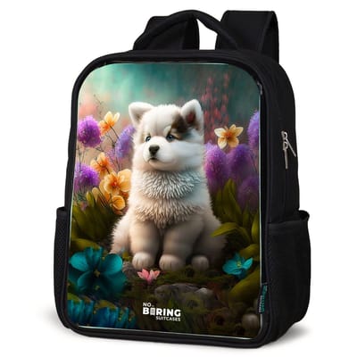 NoBoringSuitcases.com® - Rugzak zwart - Schooltas jongen & meisje - Witte puppy in een bloemenweide - Rugtas voor school - Boekentas kind - Schoolrugzak - Kinderrugzak