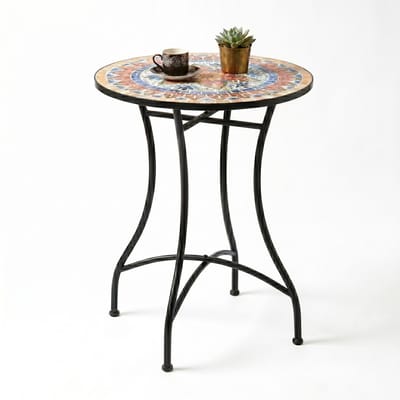 Aiverig® Tuintafel Rond Mozaïek – Bistrotafel & Bijzettafel Buiten – Mozaïektafel met Keramische Tegels – Voor Tuin, Terras & Balkon – Stabiel Metalen Frame – Rood Blauw Wit – Ø60×71 CM