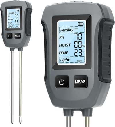 Bodemtester 5-in-1 - Meetinstrument Tuin - Plantengroei Optimaliseren - LCD Scherm Achtergrondverlichting - 25.2 cm - Zwart
