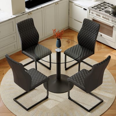 Set Tafel En Stoelen - Ronde Glastafel Met 4 Stoelen - Hoge Rugleuning En Diamantstiksel - Voor Keuken Of Eethoek - Metaal Zwart Transparant
