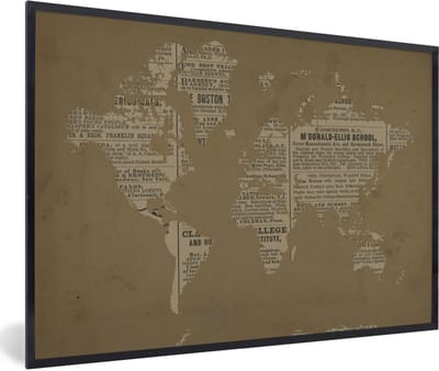 Poster in lijst - Fotolijst 90x60 cm - Posters - Wereldkaart - Vintage - Krantenpapier - Posterlijst zwart - Decoratie - Wanddecoratie woonkamer - Muurdecoratie slaapkamer