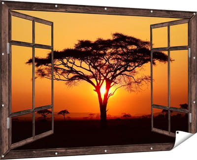 Gards Tuinposter Doorkijk Zonsondergang Achter een Savanne Boom - 180x120 cm - Tuindoek - Tuindecoratie - Wanddecoratie buiten - Tuinschilderij