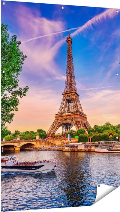 Gards Tuinposter Eiffeltoren in Parijs aan het Water - Kleur - 100x150 cm - Tuindoek - Tuindecoratie - Wanddecoratie buiten - Tuinschilderij