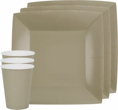 Santex feest/verjaardag servies set - 10x bordjes en bekertjes - taupe/beige - karton