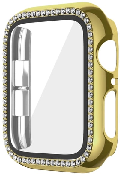 Watch case screenprotector - hoesje - gehard glas - geschikt voor Apple Watch Series 7/8/9 met case size 45 mm - glittersteentjes - goud
